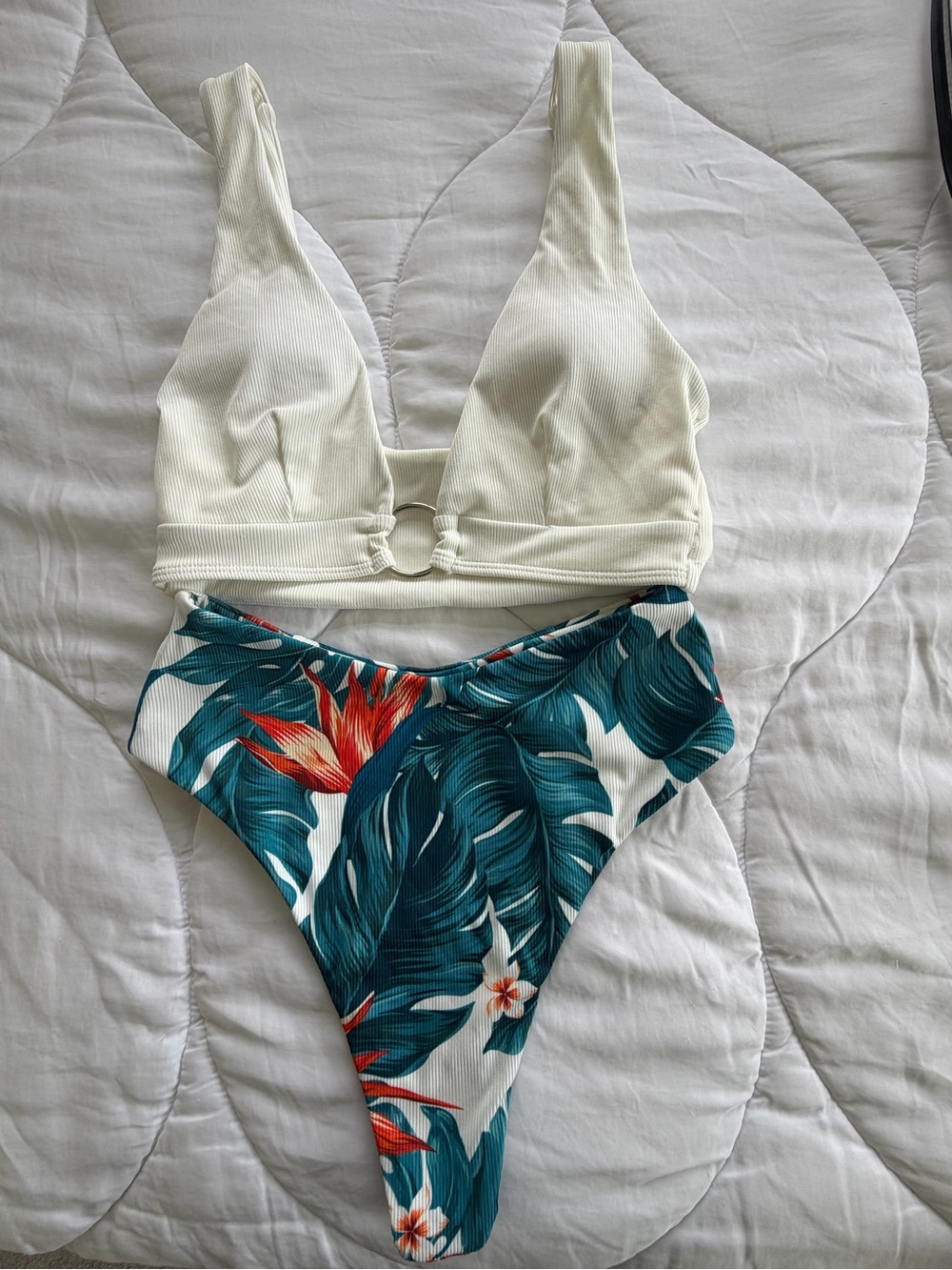 Zaful White Ribbed Bandeau Top with Teal & Coral Tropical Bottoms